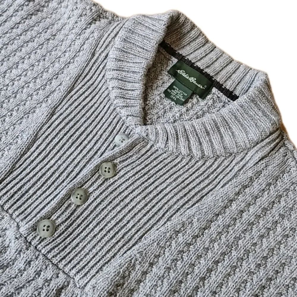 Vintage 80s Eddie Bauer Cable Knit Henley Sweater Men 3X Taupey Gray Qtr Button - Picture 5 of 9